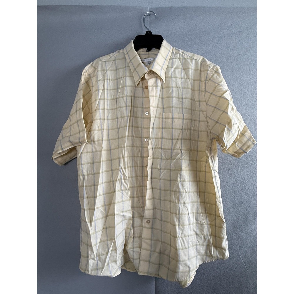 Geoffrey Beene Dress Shirt Mens XL 17.5 Yellow Plaid‎ Wrinkle Free Short Sleeve